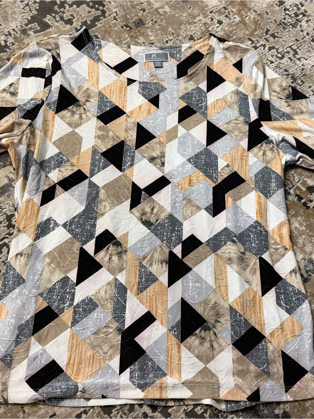 JM Collection Geometric Long-Sleeve Blouse in Black, Gray & Tan